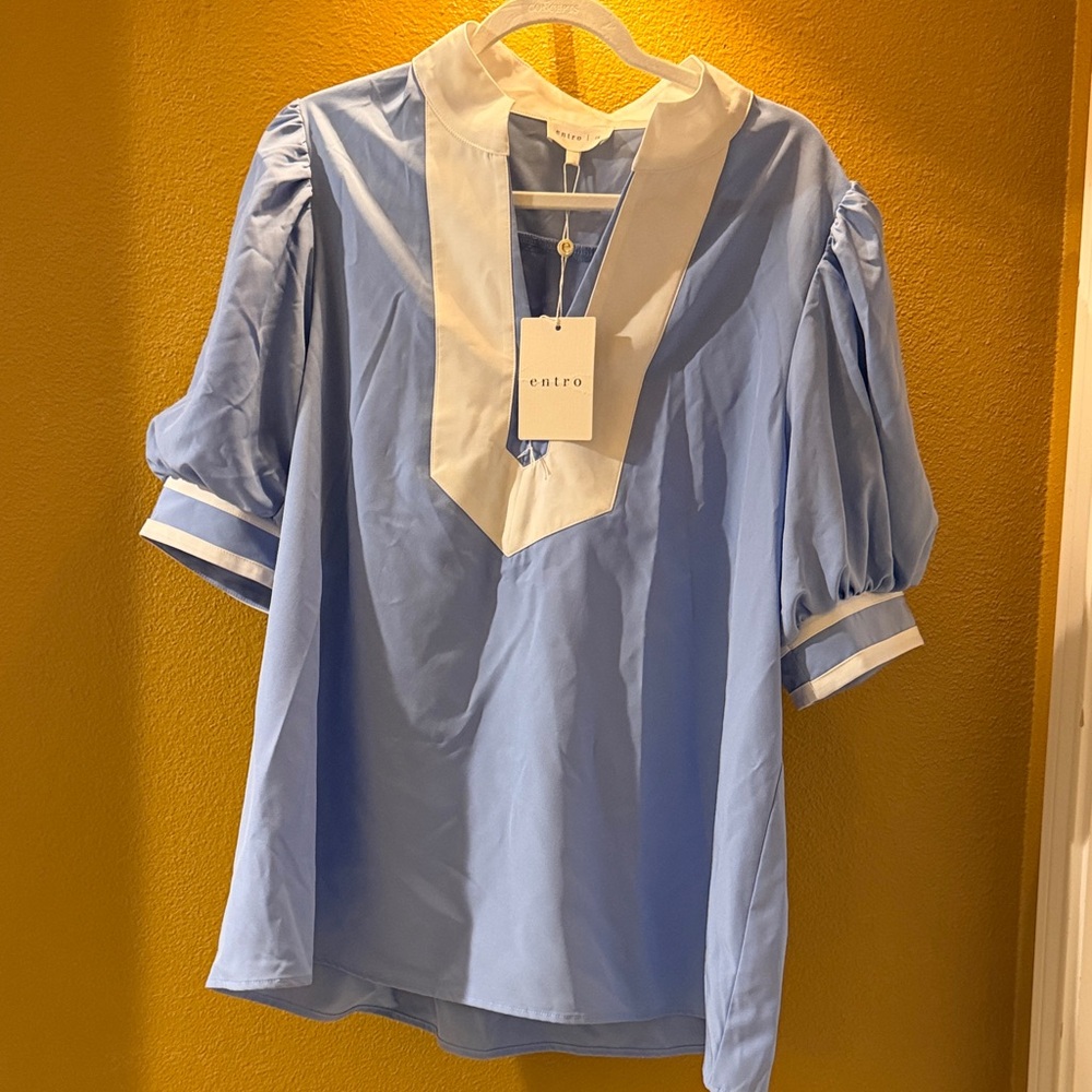 Entro Sky Blue Blouse with White Accents
